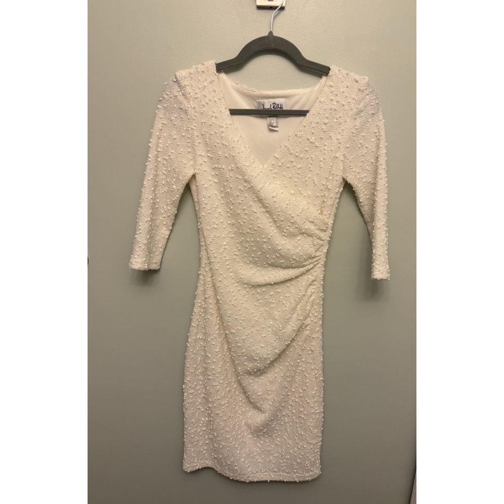 Joseph Ribkoff Faux Wrap Dress 4 White Sequin‎ Textured Ruched Sheath Cocktail